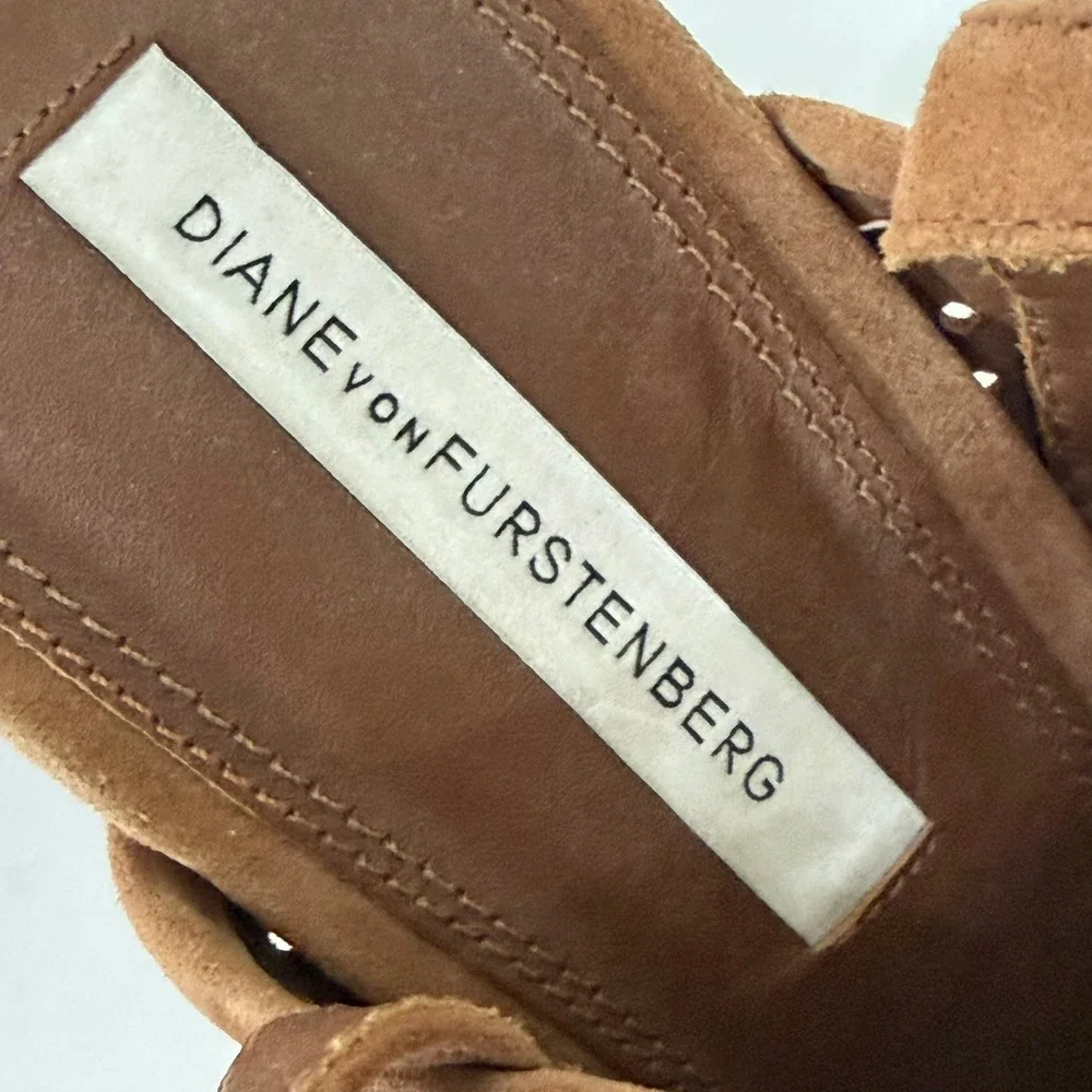 Diane von Furstenberg DVF Wedge Sandals 9.5M Brown Suede Perforated Wood Heel